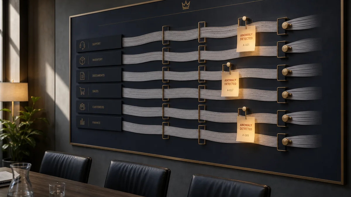 Intelligence layer watching business data streams and flagging anomalies on a muted navy ops wall