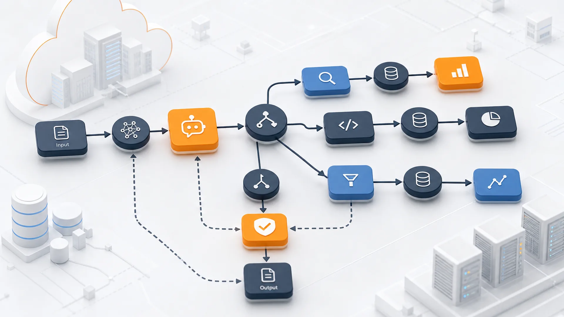 Structured graph of connected agent workflow nodes with branching decision paths on a clean enterprise architecture background